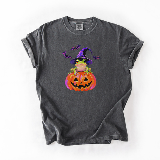 Witch Frog Halloween Shirt, Frog Jack O Lantern Comfort Colors Tee, Cute Spooky Frog Graphic Shirt, Whimsical Halloween T-Shirt
