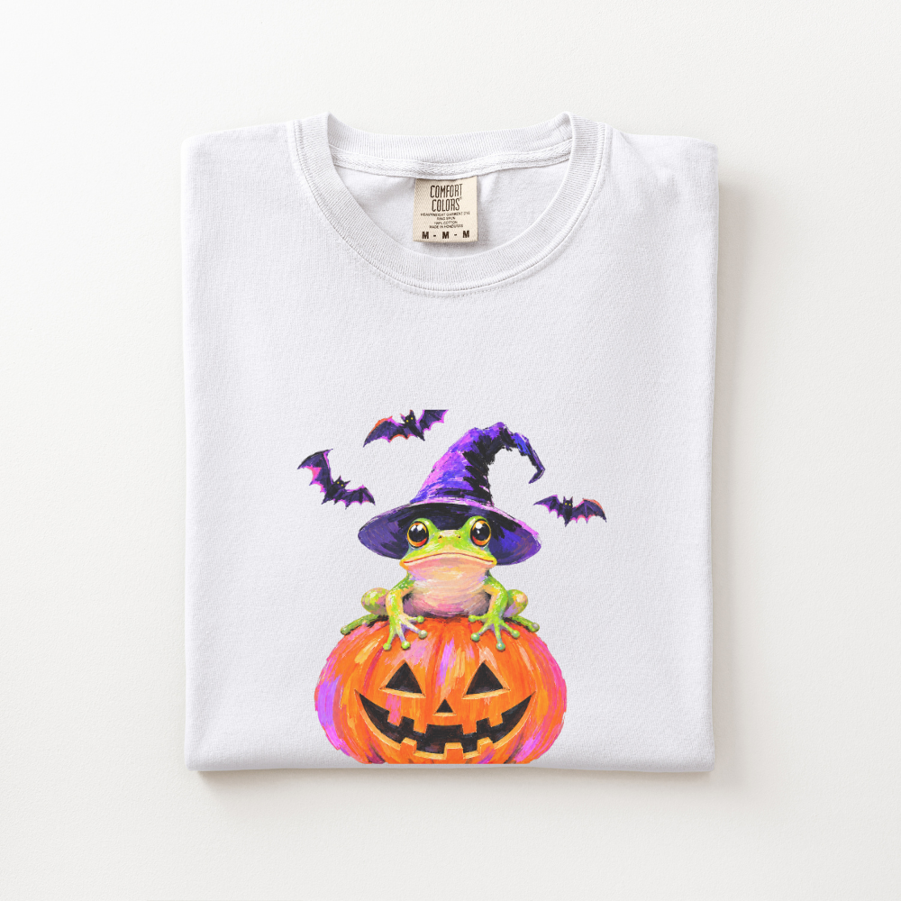 Witch Frog Halloween Shirt, Frog Jack O Lantern Comfort Colors Tee, Cute Spooky Frog Graphic Shirt, Whimsical Halloween T-Shirt