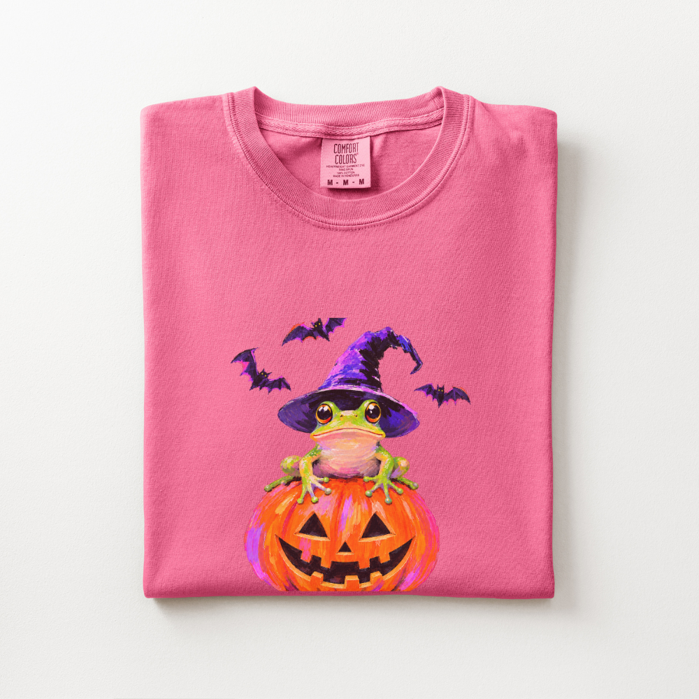 Witch Frog Halloween Shirt, Frog Jack O Lantern Comfort Colors Tee, Cute Spooky Frog Graphic Shirt, Whimsical Halloween T-Shirt