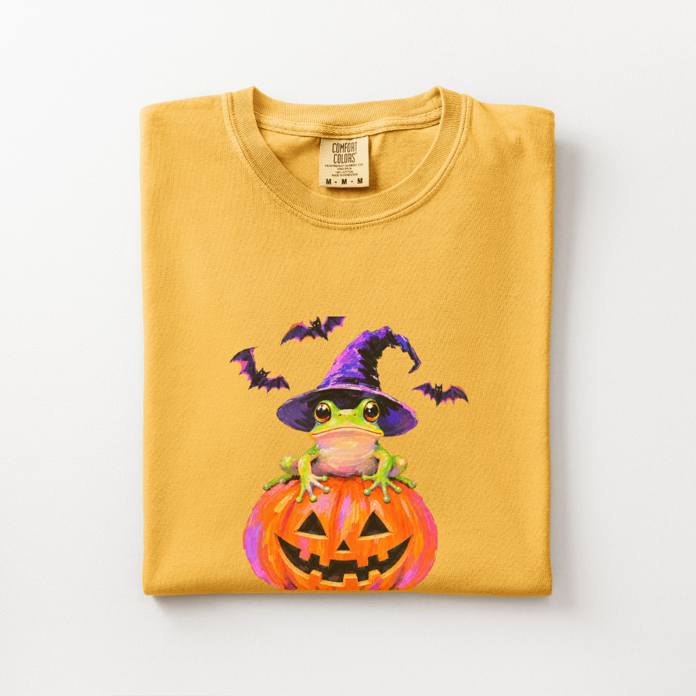 Witch Frog Halloween Shirt, Frog Jack O Lantern Comfort Colors Tee, Cute Spooky Frog Graphic Shirt, Whimsical Halloween T-Shirt