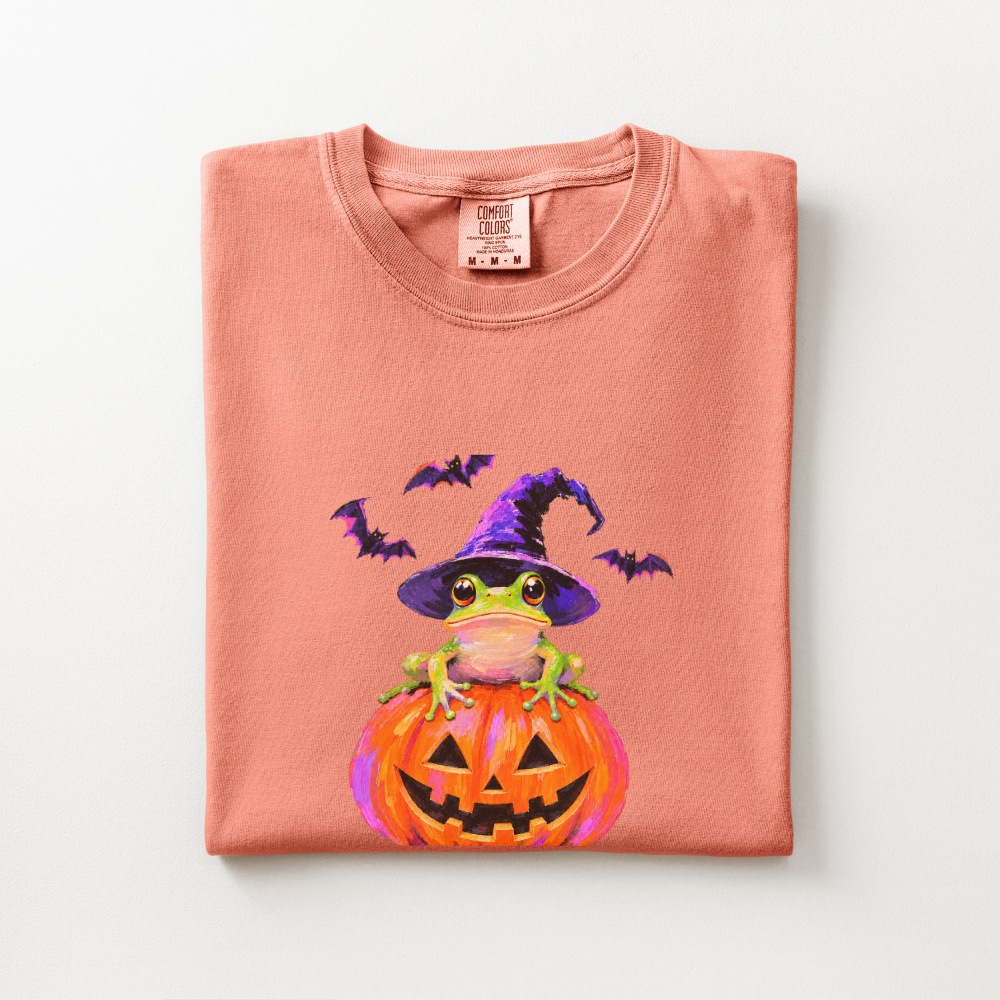 Witch Frog Halloween Shirt, Frog Jack O Lantern Comfort Colors Tee, Cute Spooky Frog Graphic Shirt, Whimsical Halloween T-Shirt
