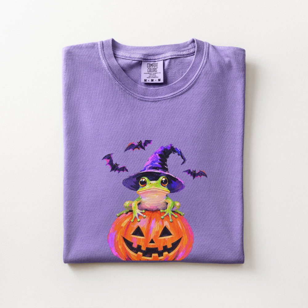 Witch Frog Halloween Shirt, Frog Jack O Lantern Comfort Colors Tee, Cute Spooky Frog Graphic Shirt, Whimsical Halloween T-Shirt