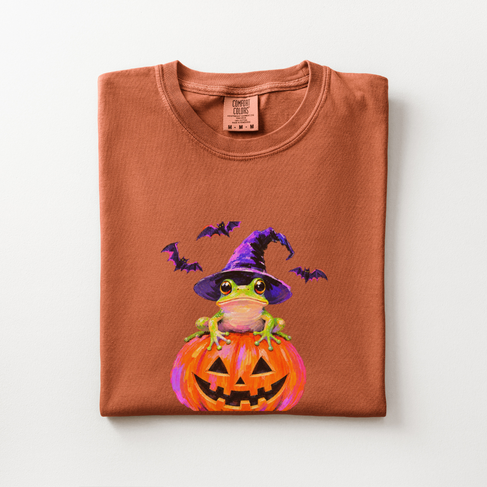 Witch Frog Halloween Shirt, Frog Jack O Lantern Comfort Colors Tee, Cute Spooky Frog Graphic Shirt, Whimsical Halloween T-Shirt