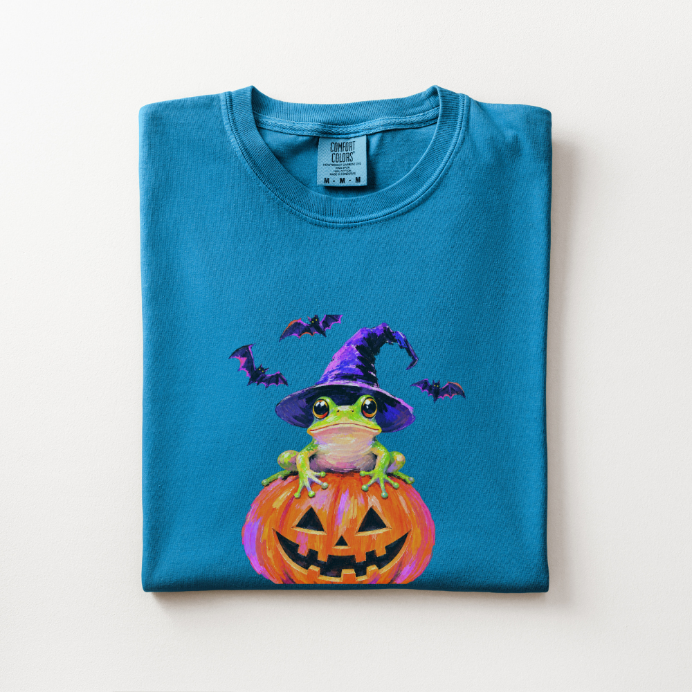 Witch Frog Halloween Shirt, Frog Jack O Lantern Comfort Colors Tee, Cute Spooky Frog Graphic Shirt, Whimsical Halloween T-Shirt