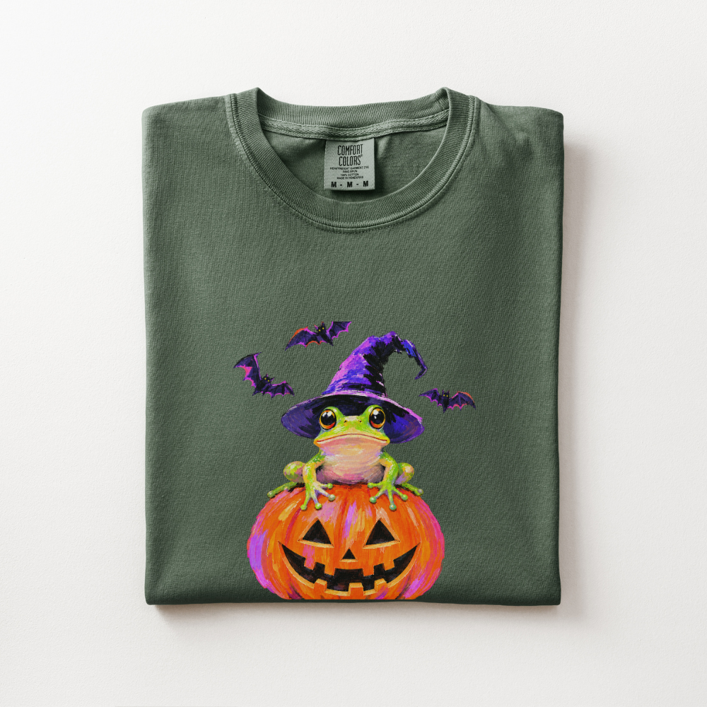 Witch Frog Halloween Shirt, Frog Jack O Lantern Comfort Colors Tee, Cute Spooky Frog Graphic Shirt, Whimsical Halloween T-Shirt