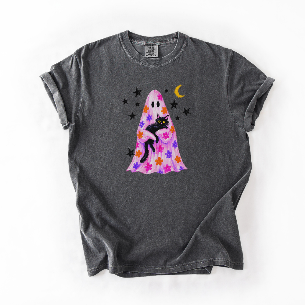 Black Cat Halloween Shirt, Pink Ghost Comfort Colors Tee, Floral Halloween Graphic Shirt, Cute Spooky Cat Fall T-Shirt