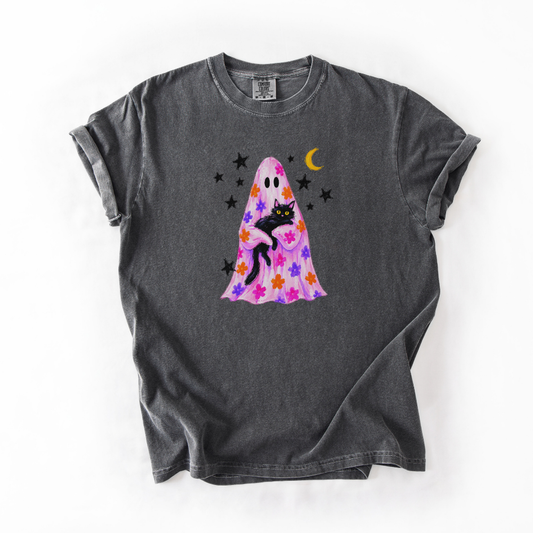 Black Cat Halloween Shirt, Pink Ghost Comfort Colors Tee, Floral Halloween Graphic Shirt, Cute Spooky Cat Fall T-Shirt