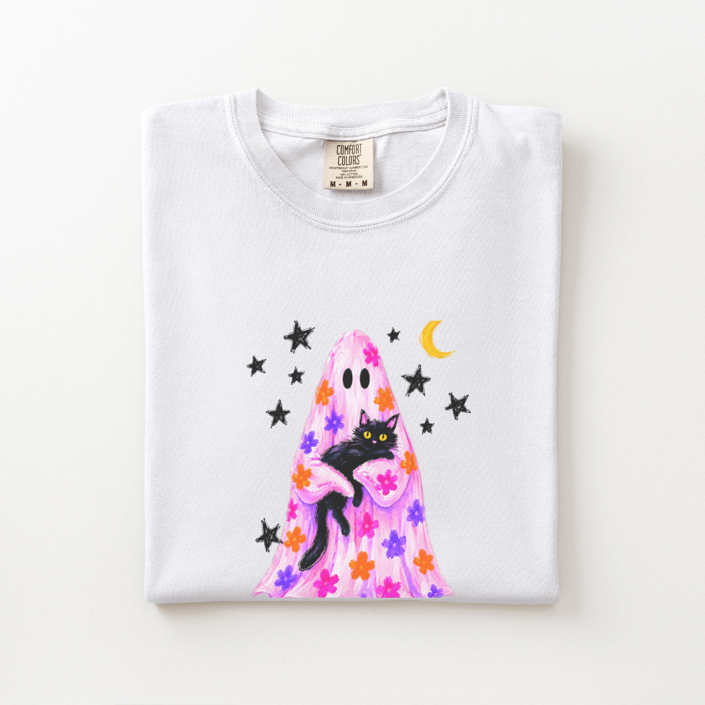 Black Cat Halloween Shirt, Pink Ghost Comfort Colors Tee, Floral Halloween Graphic Shirt, Cute Spooky Cat Fall T-Shirt