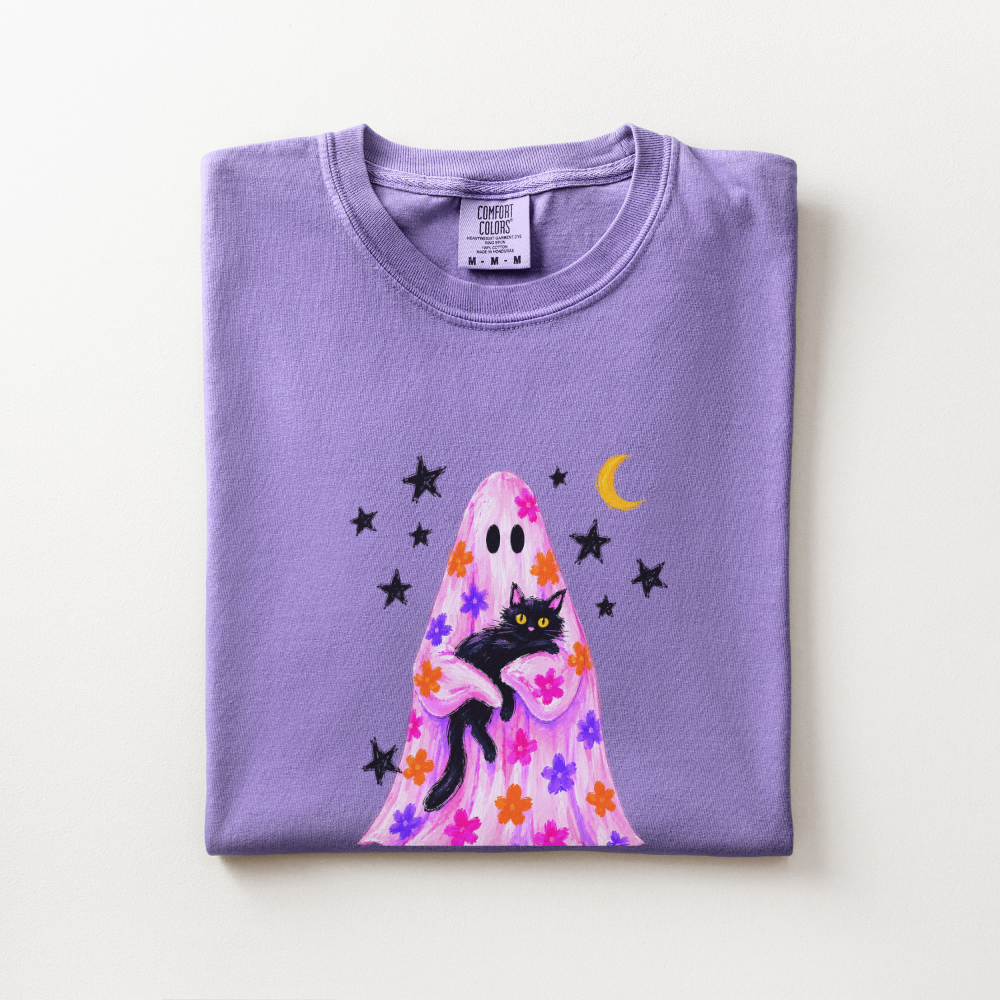 Black Cat Halloween Shirt, Pink Ghost Comfort Colors Tee, Floral Halloween Graphic Shirt, Cute Spooky Cat Fall T-Shirt