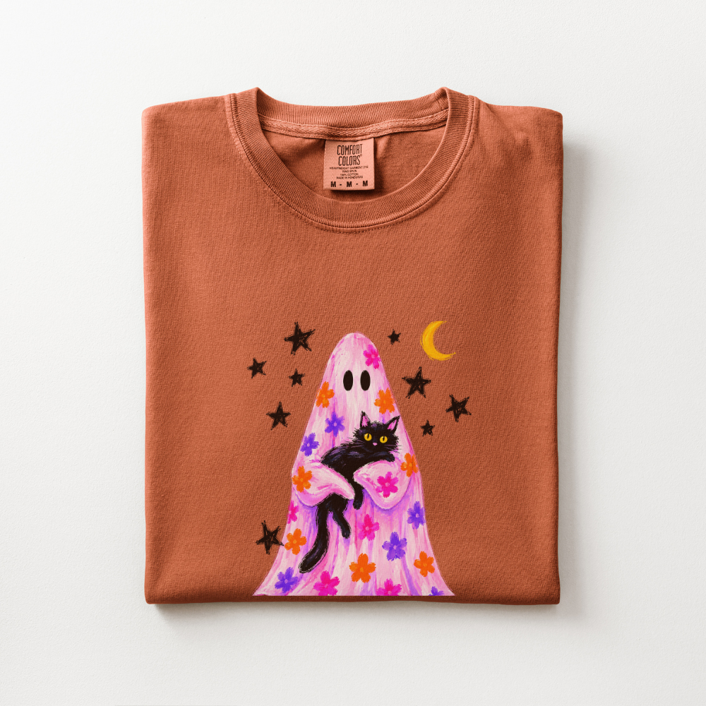 Black Cat Halloween Shirt, Pink Ghost Comfort Colors Tee, Floral Halloween Graphic Shirt, Cute Spooky Cat Fall T-Shirt