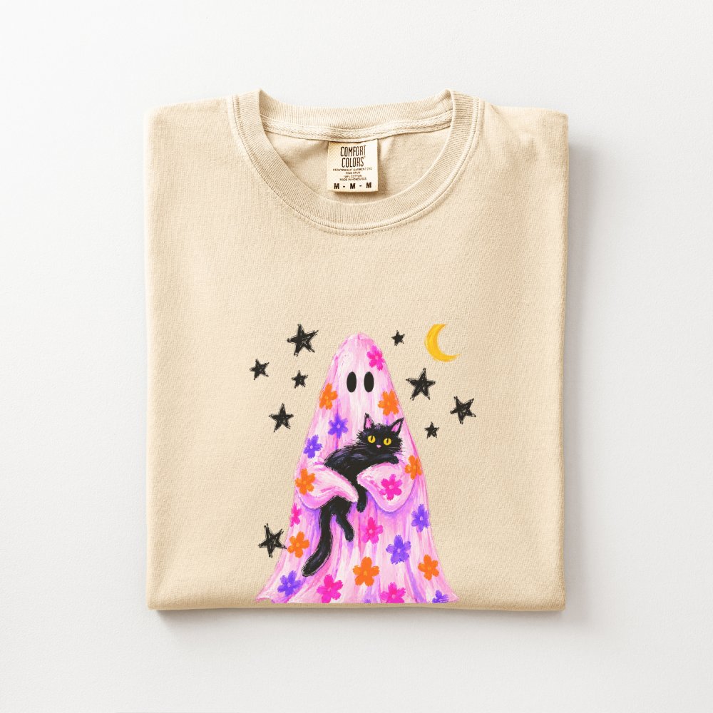 Black Cat Halloween Shirt, Pink Ghost Comfort Colors Tee, Floral Halloween Graphic Shirt, Cute Spooky Cat Fall T-Shirt