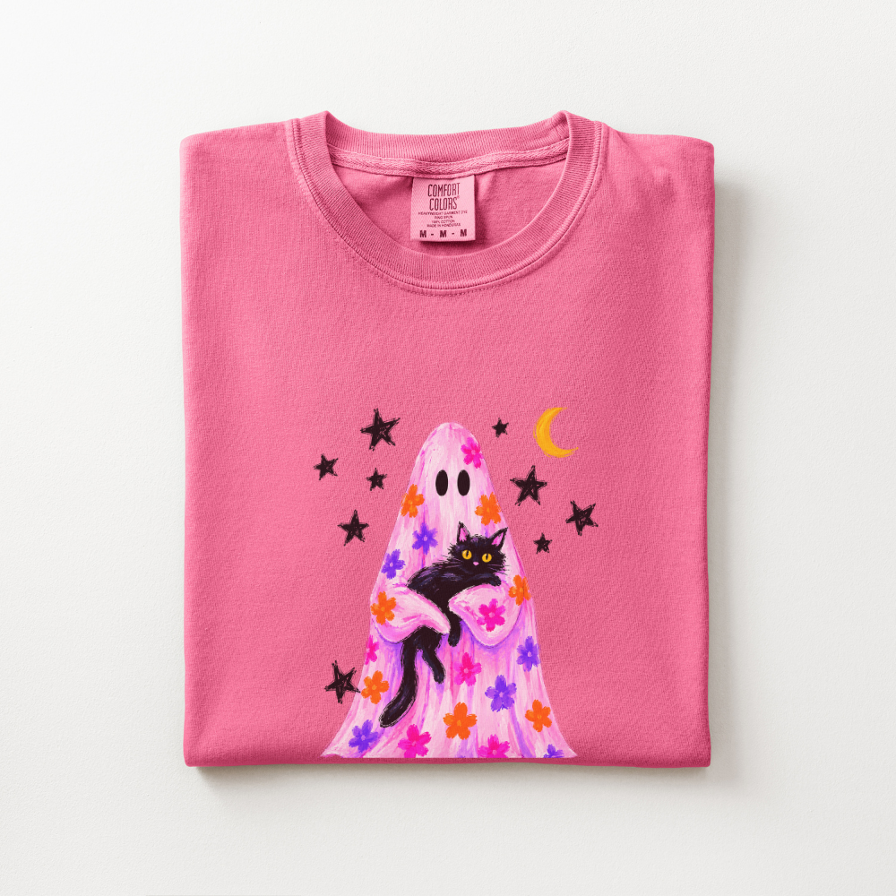Black Cat Halloween Shirt, Pink Ghost Comfort Colors Tee, Floral Halloween Graphic Shirt, Cute Spooky Cat Fall T-Shirt
