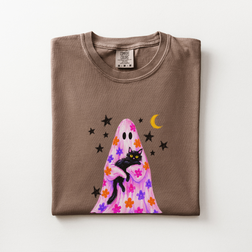 Black Cat Halloween Shirt, Pink Ghost Comfort Colors Tee, Floral Halloween Graphic Shirt, Cute Spooky Cat Fall T-Shirt