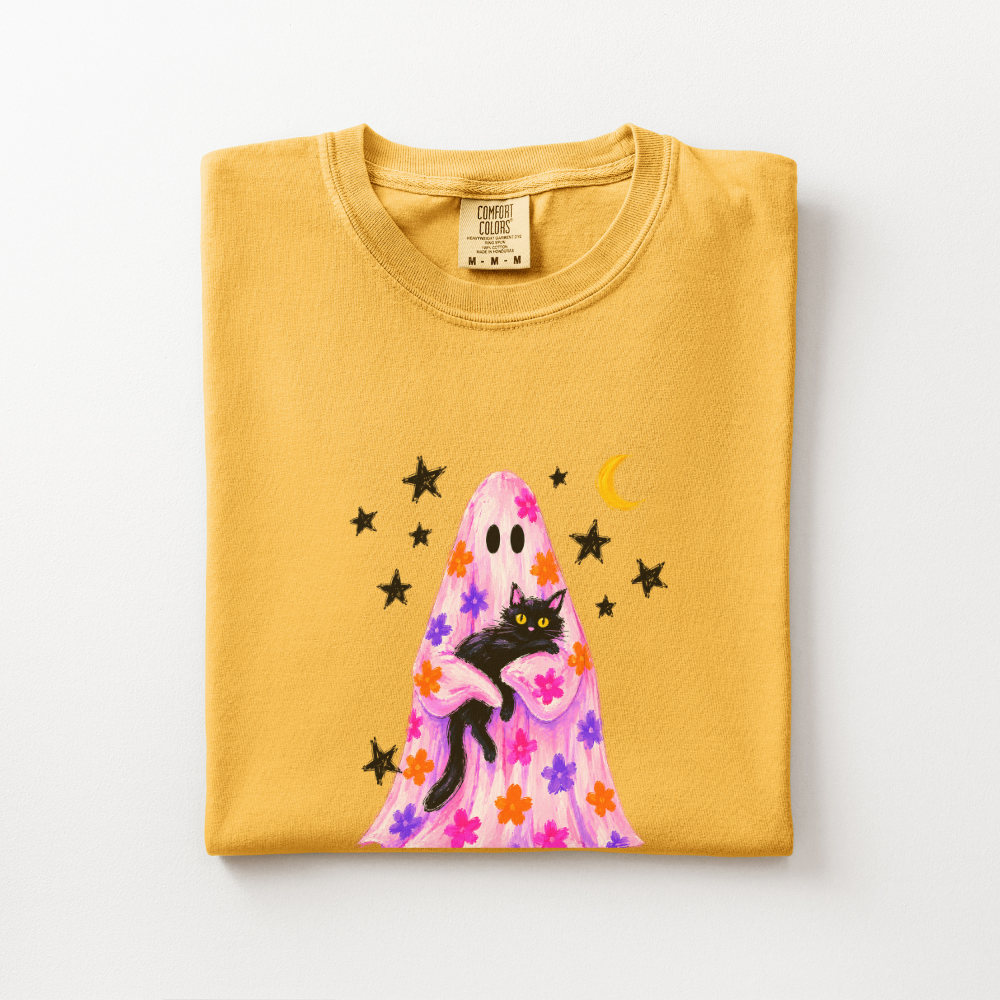 Black Cat Halloween Shirt, Pink Ghost Comfort Colors Tee, Floral Halloween Graphic Shirt, Cute Spooky Cat Fall T-Shirt