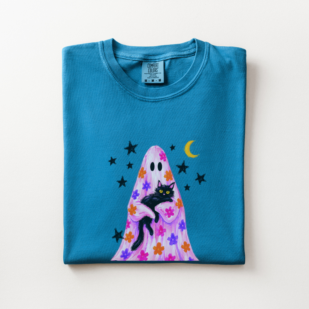 Black Cat Halloween Shirt, Pink Ghost Comfort Colors Tee, Floral Halloween Graphic Shirt, Cute Spooky Cat Fall T-Shirt