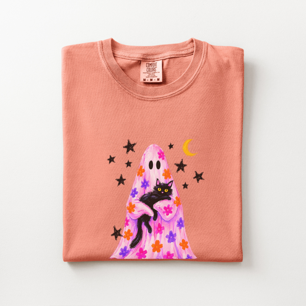 Black Cat Halloween Shirt, Pink Ghost Comfort Colors Tee, Floral Halloween Graphic Shirt, Cute Spooky Cat Fall T-Shirt