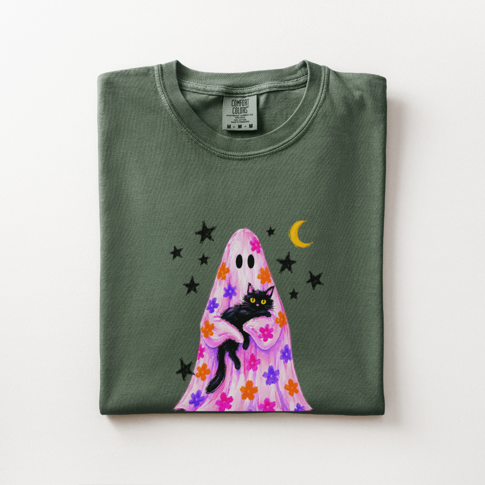 Black Cat Halloween Shirt, Pink Ghost Comfort Colors Tee, Floral Halloween Graphic Shirt, Cute Spooky Cat Fall T-Shirt