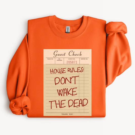 Don't Wake the Dead vintage guest check graphic crewneck sweatshirt in Orange