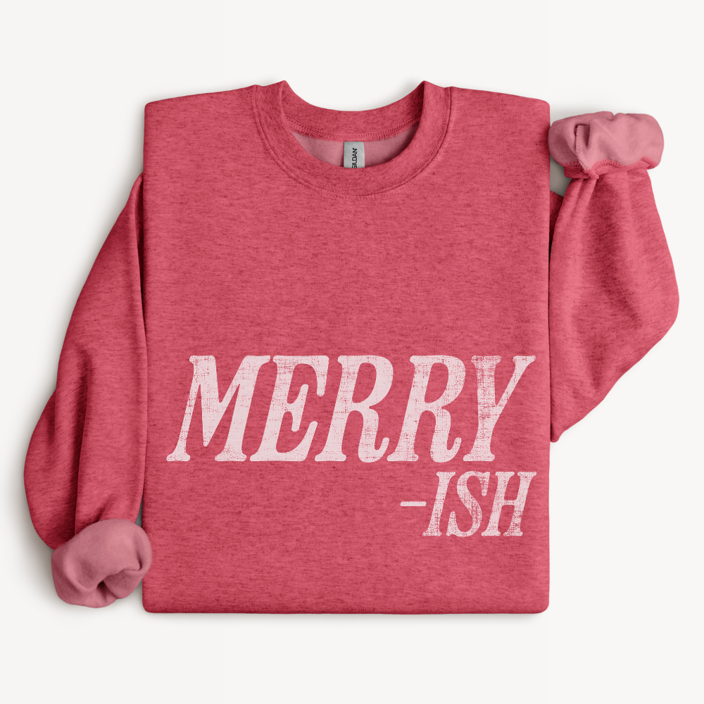 Merry-ish Funny Christmas Sweatshirt in Heather Scarlet Red