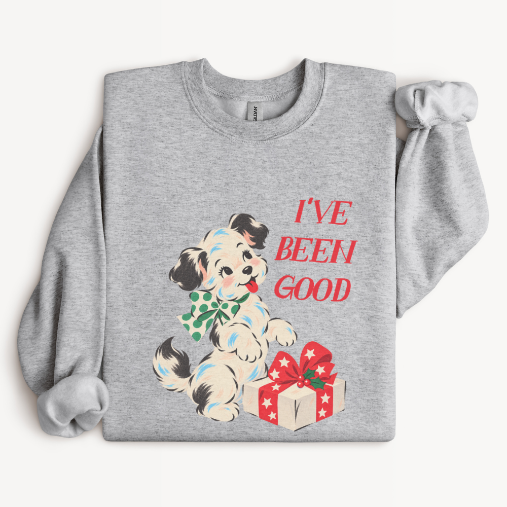 I've Been Good Christmas Puppy Sweatshirt in Sport Grey