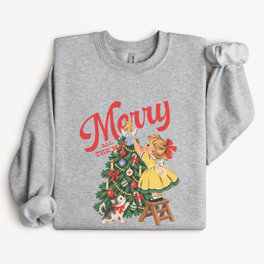 Merry All the Way Retro Christmas Sweatshirt in Sport Grey