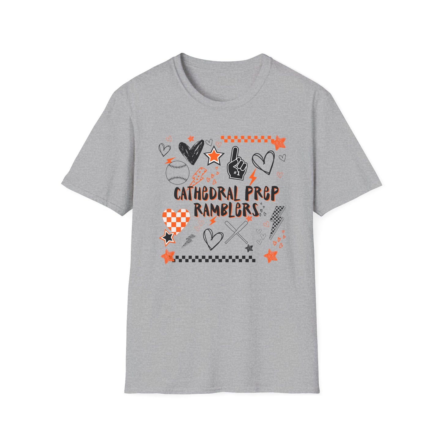 Cathedral Prep Ramblers Baseball Shirt | Retro Orange and Black Baseball Spirit Tee | Gildan Softstyle 64000