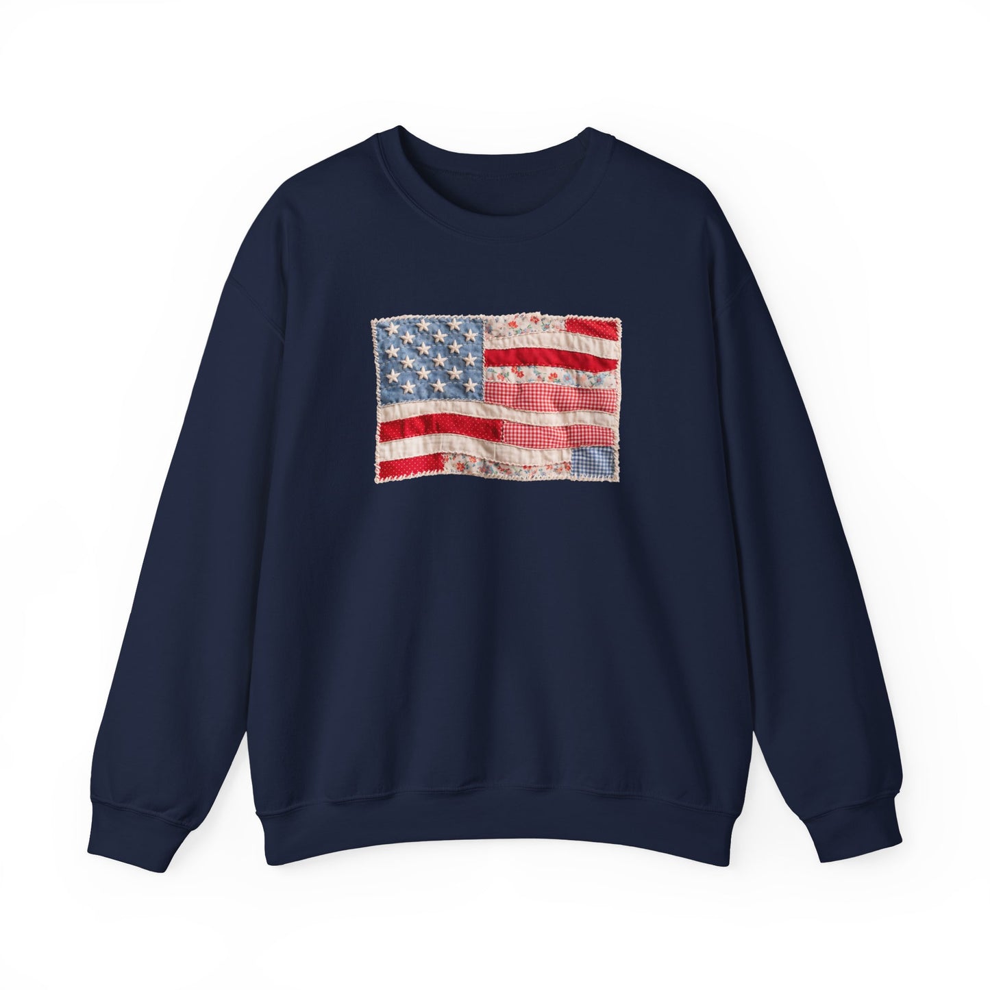 Vintage Patchwork American Flag Crewneck Sweatshirt, Patriotic Quilted USA Sweatshirt, Faux Patchwork, Cozy Fourth of July Pullover