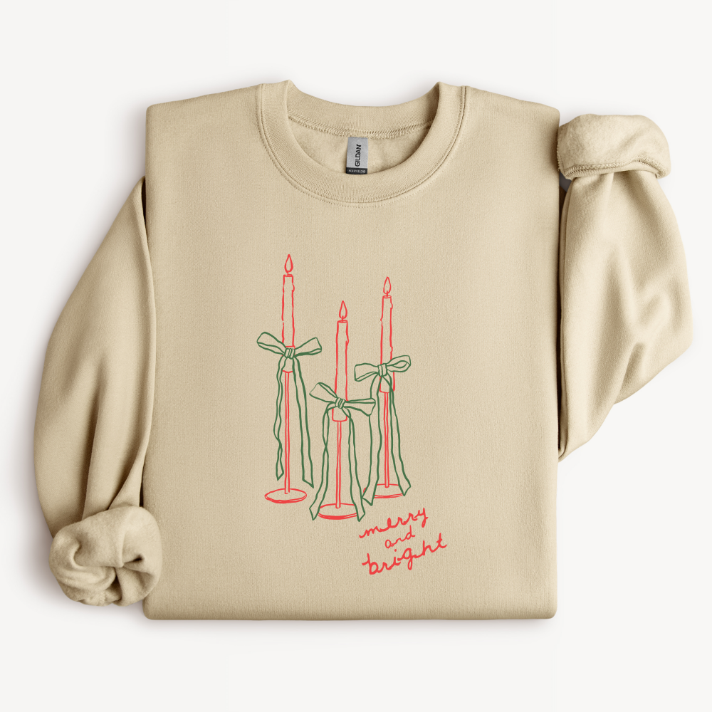 Merry and Bright Candle Sweatshirt | Green Bow Christmas Crewneck