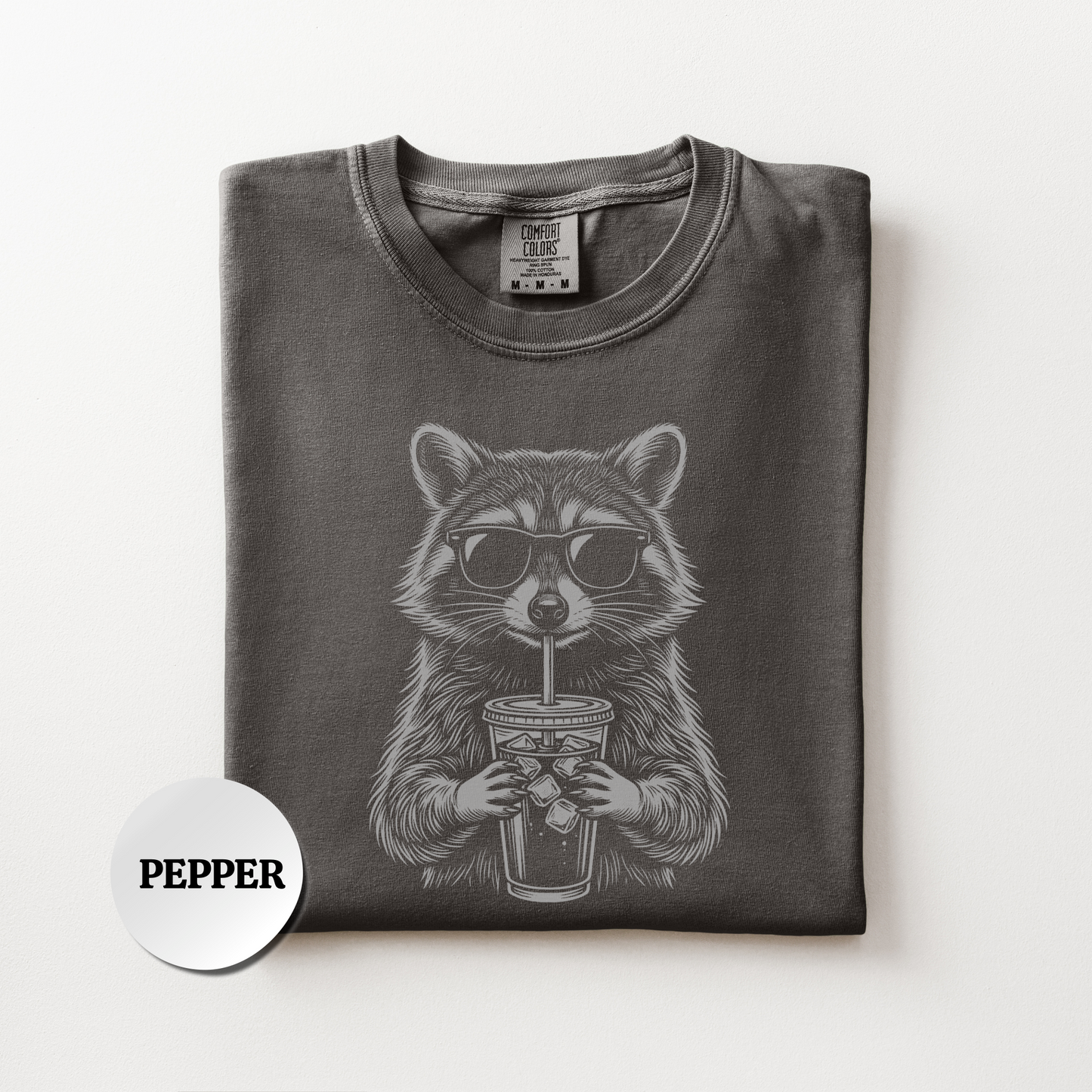 Iced Coffee Raccoon Graphic Tee – Funny Coffee Lover Shirt, Cute Animal T-Shirt, Casual Everyday Comfort Colors Tee