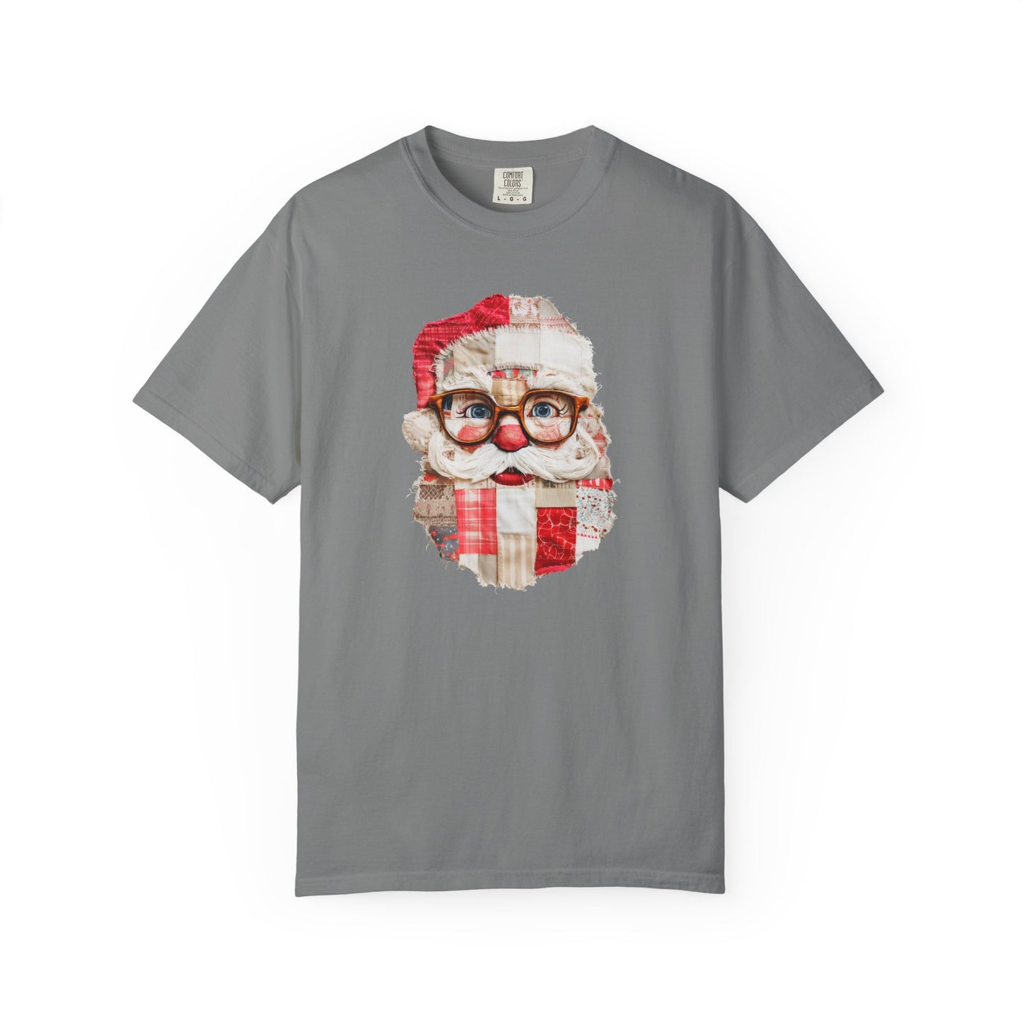 Patchwork Santa T-Shirt, Comfort Colors, Christmas Tee, Christmas Party Top, Faux Embroidery (Show Special)