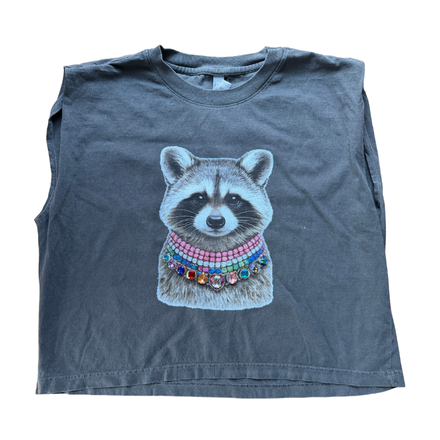 Jeweled Raccoon Graphic Tank | Hand-Applied Gem Animal Muscle Tank | American Apparel 307GD Ladies' Garment Dyed Muscle Tank