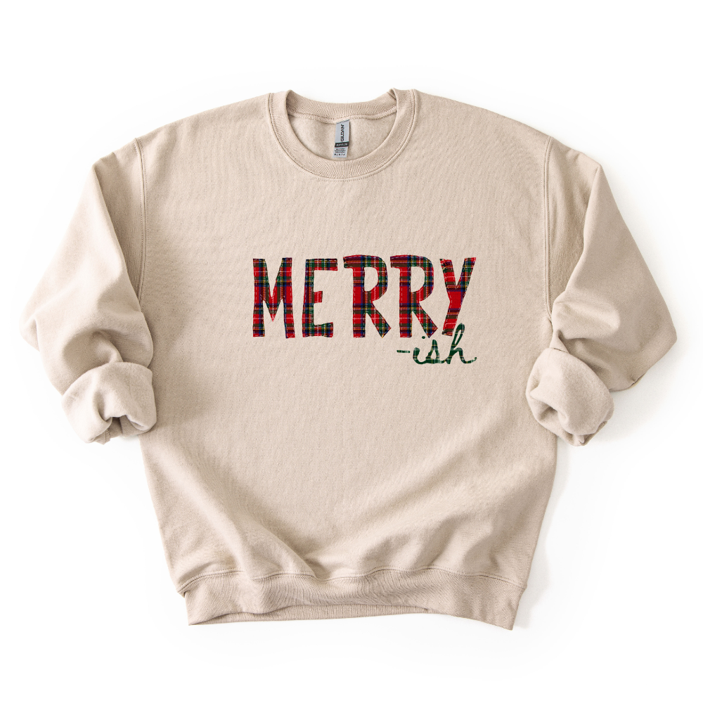 Merry-ish Plaid Christmas Sweatshirt & Tee | Red Green Tartan Holiday Shirt