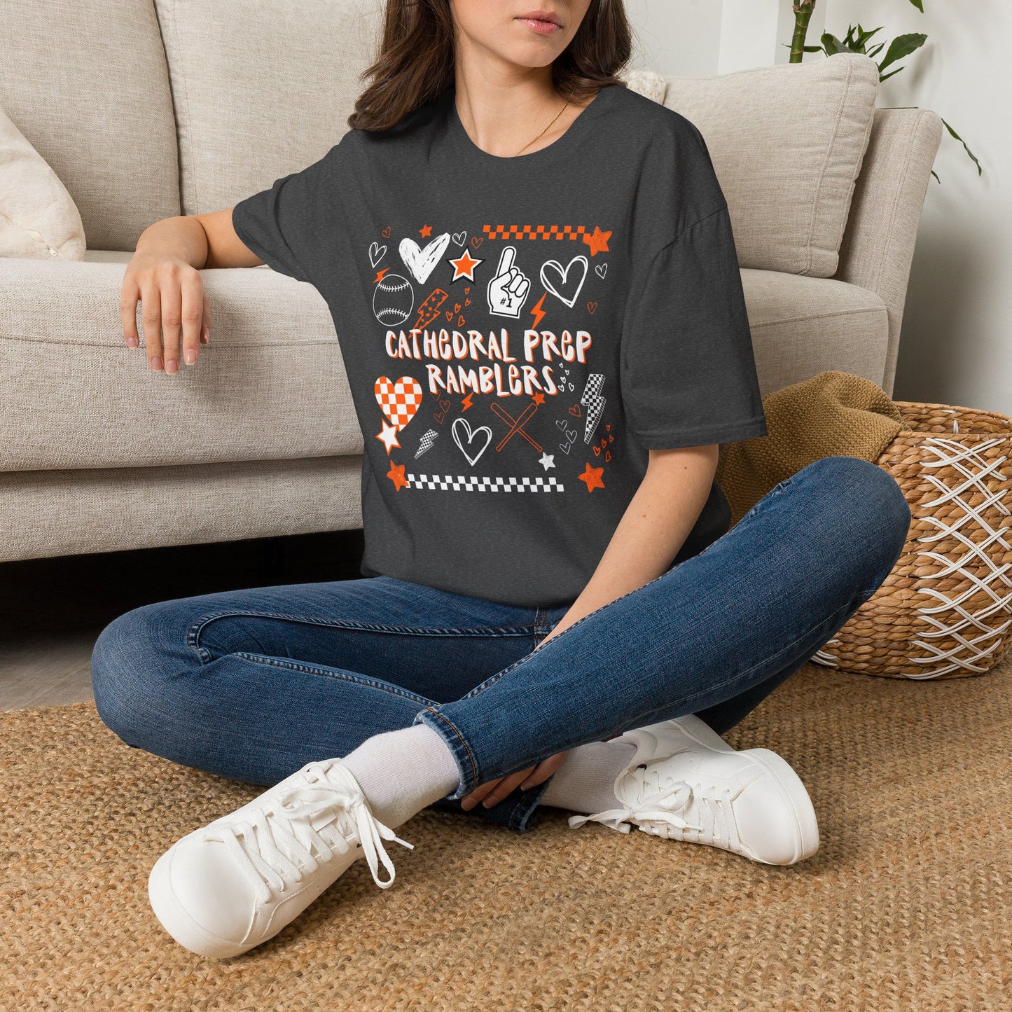Cathedral Prep Ramblers Baseball Shirt | Retro Orange and Black Baseball Spirit Tee | Gildan Softstyle 64000