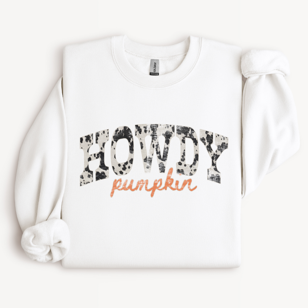 Howdy Pumpkin Crewneck Sweatshirt | Western Cow Print Fall Design