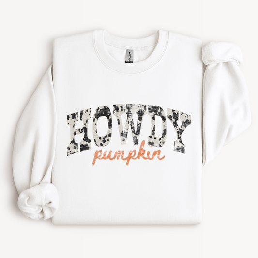 Howdy Pumpkin Crewneck Sweatshirt | Western Cow Print Fall Design