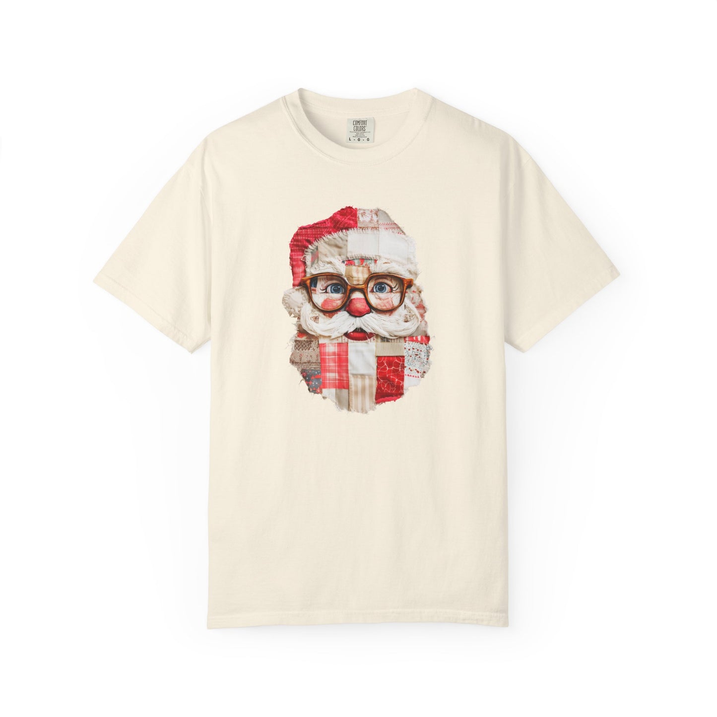 Patchwork Santa T-Shirt, Comfort Colors, Christmas Tee, Christmas Party Top, Faux Embroidery (Show Special)