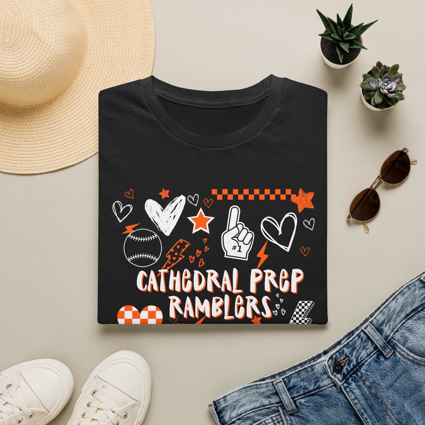 Cathedral Prep Ramblers Baseball Shirt | Retro Orange and Black Baseball Spirit Tee | Gildan Softstyle 64000