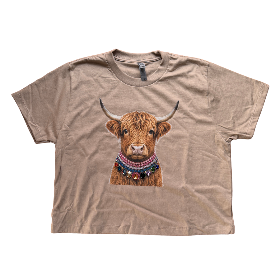 Jeweled Highland Cow Graphic Boxy Tee | Hand-Applied Gem Animal T-Shirt | Next Level 7610 Ladies' Heavyweight Boxy Tee