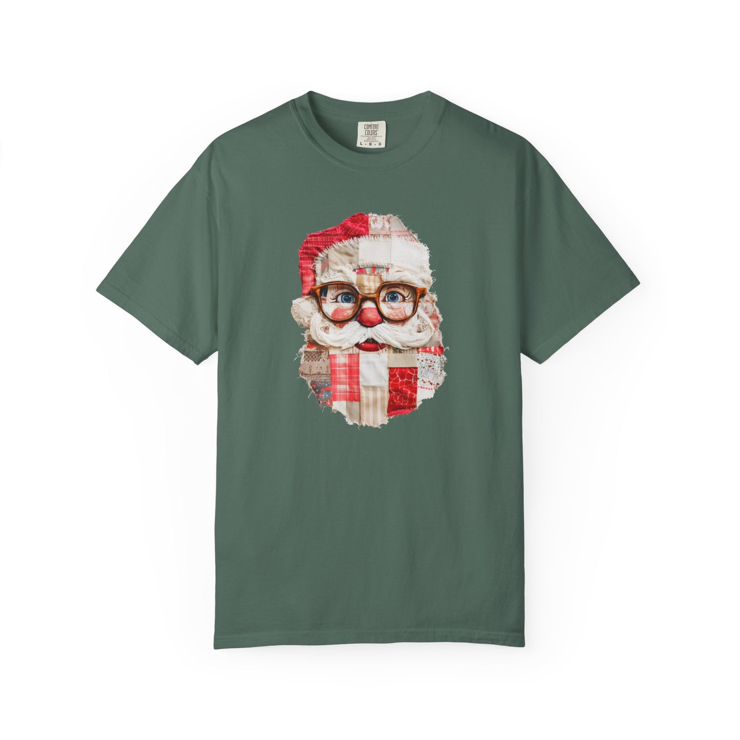 Patchwork Santa T-Shirt, Comfort Colors, Christmas Tee, Christmas Party Top, Faux Embroidery (Show Special)
