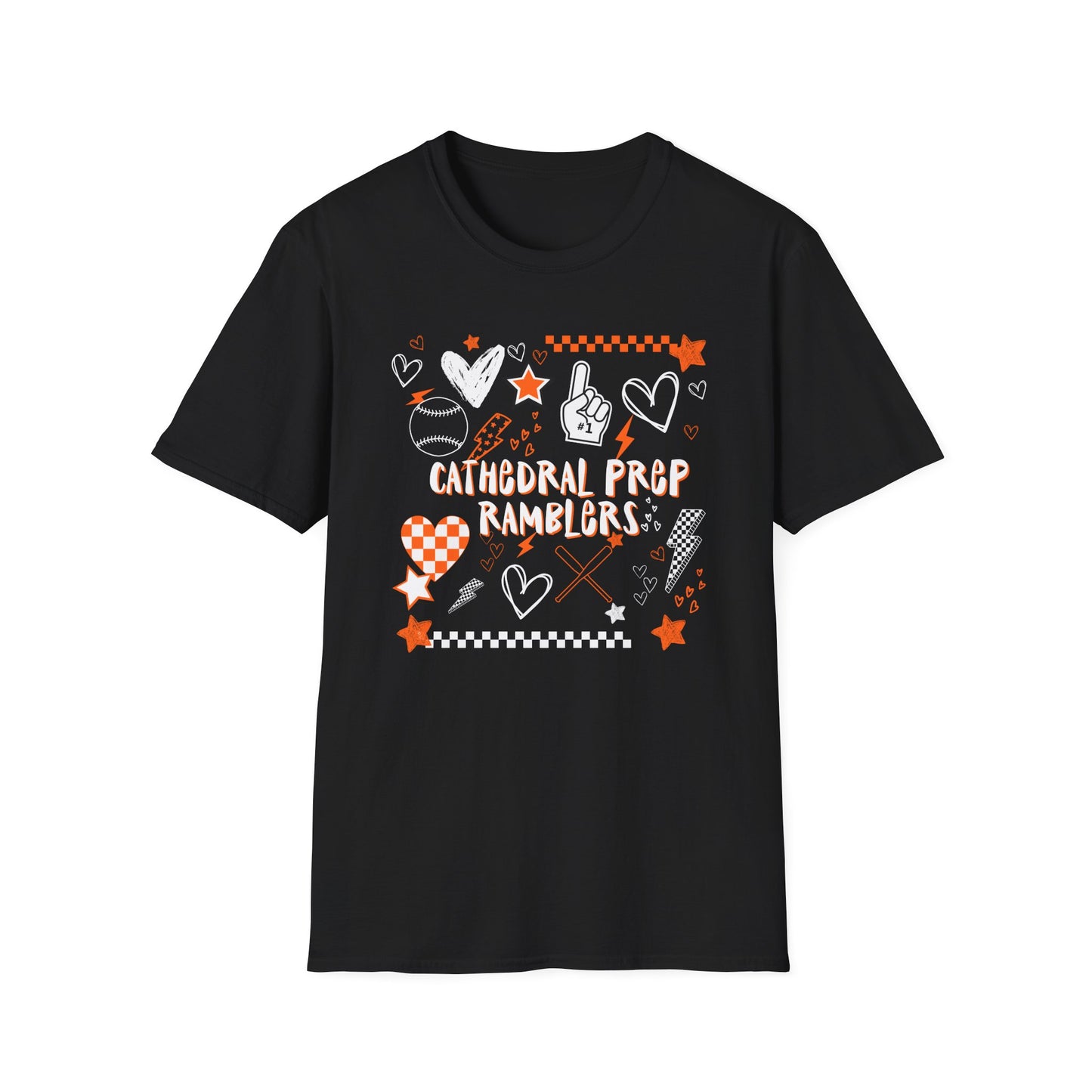 Cathedral Prep Ramblers Baseball Shirt | Retro Orange and Black Baseball Spirit Tee | Gildan Softstyle 64000