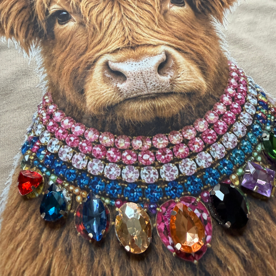 Jeweled Highland Cow Graphic Boxy Tee | Hand-Applied Gem Animal T-Shirt | Next Level 7610 Ladies' Heavyweight Boxy Tee