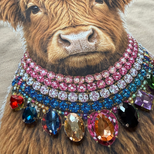 Jeweled Highland Cow Graphic Boxy Tee | Hand-Applied Gem Animal T-Shirt | Next Level 7610 Ladies' Heavyweight Boxy Tee