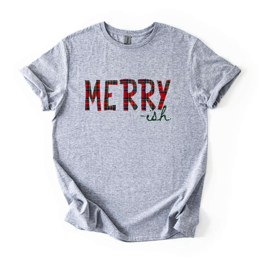 Merry-ish Plaid Christmas Sweatshirt & Tee | Red Green Tartan Holiday Shirt