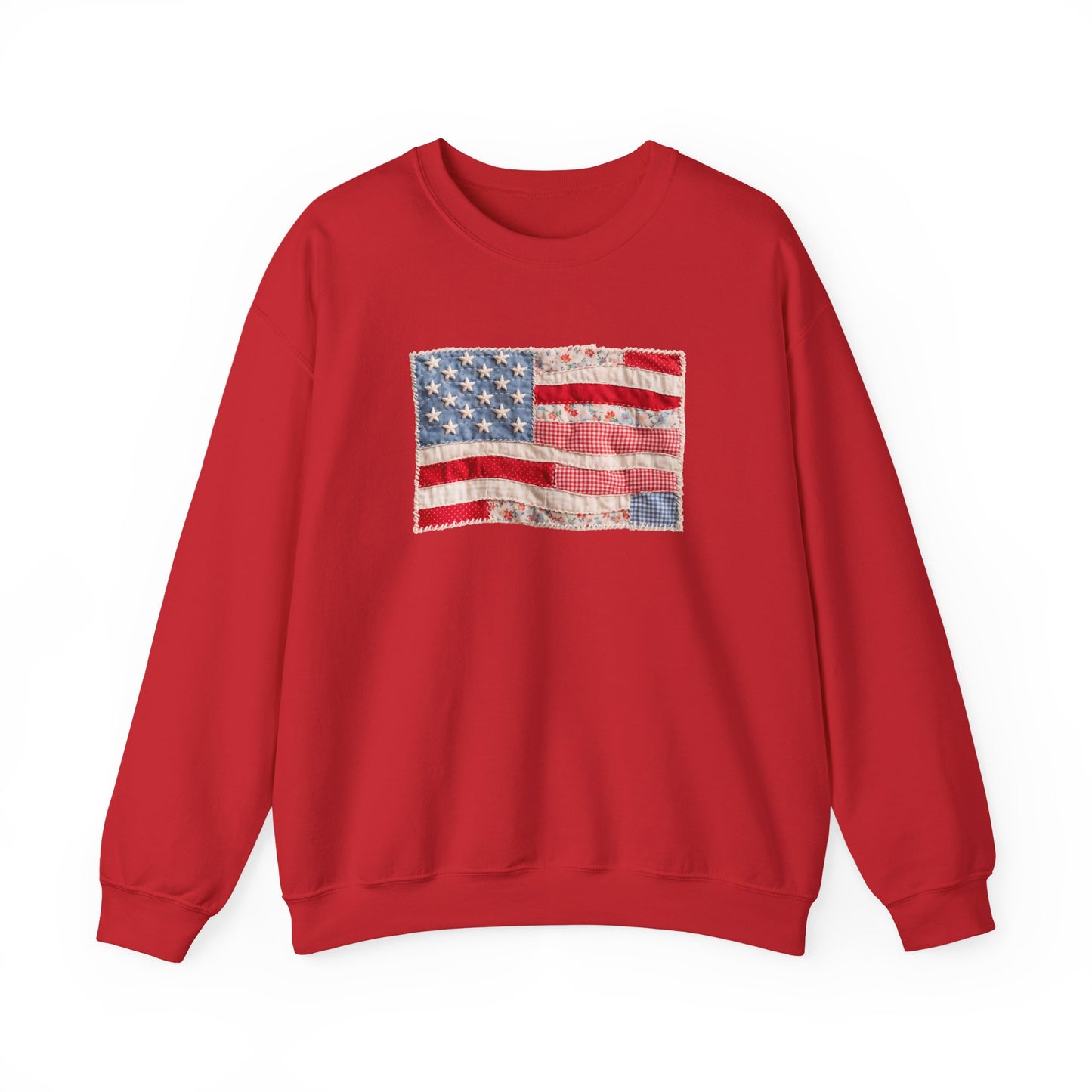 Vintage Patchwork American Flag Crewneck Sweatshirt, Patriotic Quilted USA Sweatshirt, Faux Patchwork, Cozy Fourth of July Pullover