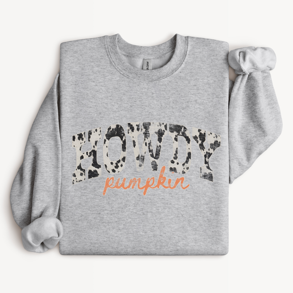 Howdy Pumpkin Crewneck Sweatshirt | Western Cow Print Fall Design