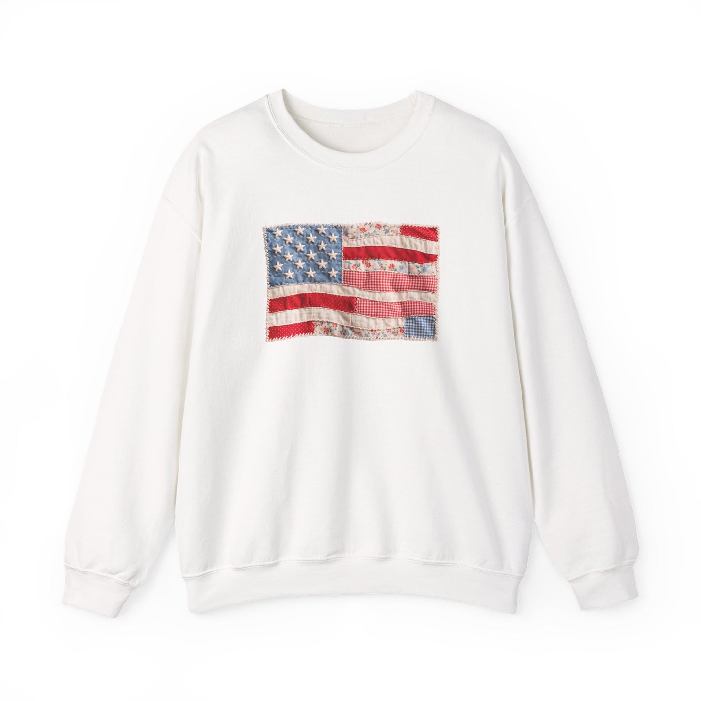 Vintage Patchwork American Flag Crewneck Sweatshirt, Patriotic Quilted USA Sweatshirt, Faux Patchwork, Cozy Fourth of July Pullover