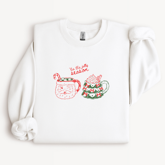 Tis the Jolly Season Santa Mug Sweatshirt | Hot Cocoa Christmas Crewneck
