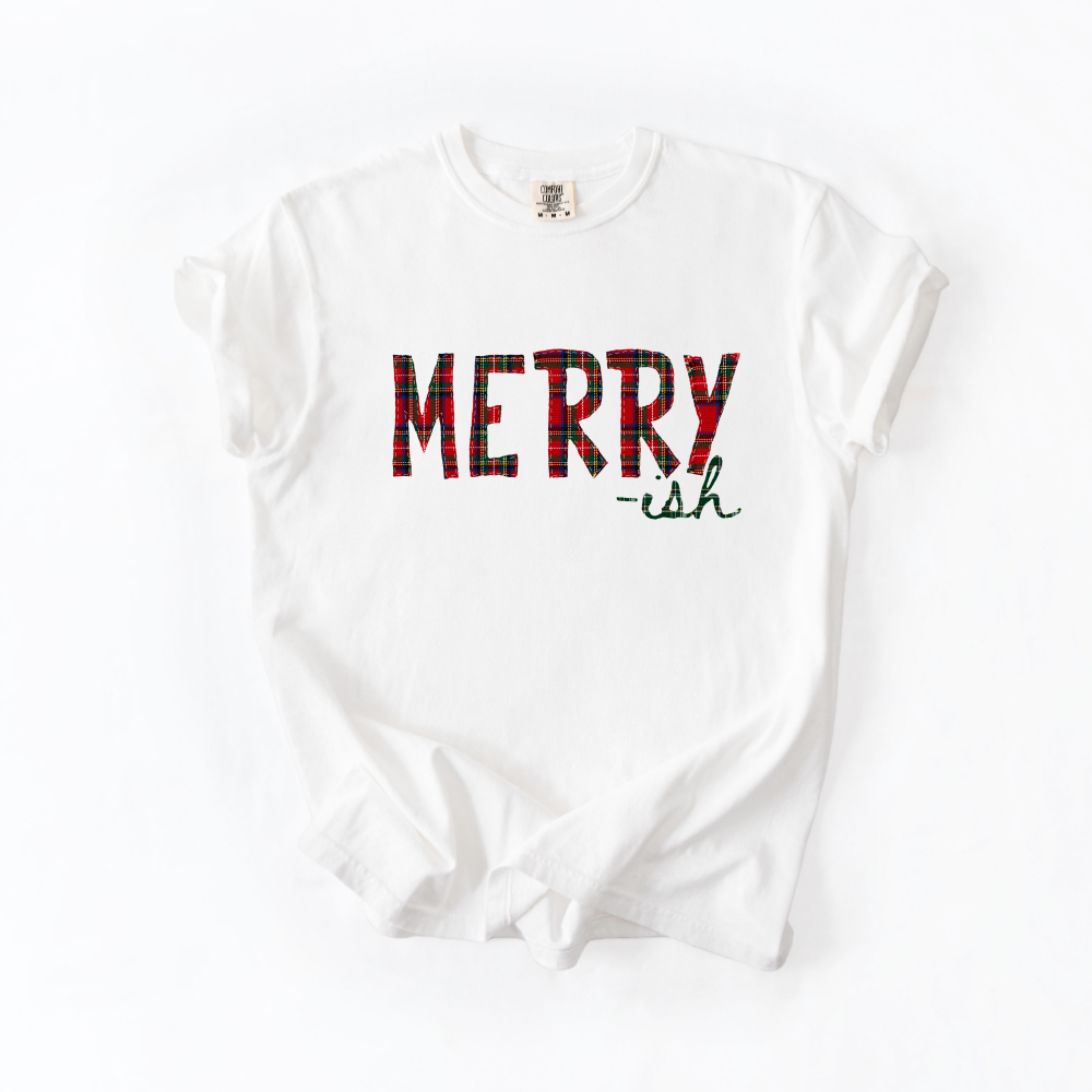 Merry-ish Plaid Christmas Sweatshirt & Tee | Red Green Tartan Holiday Shirt
