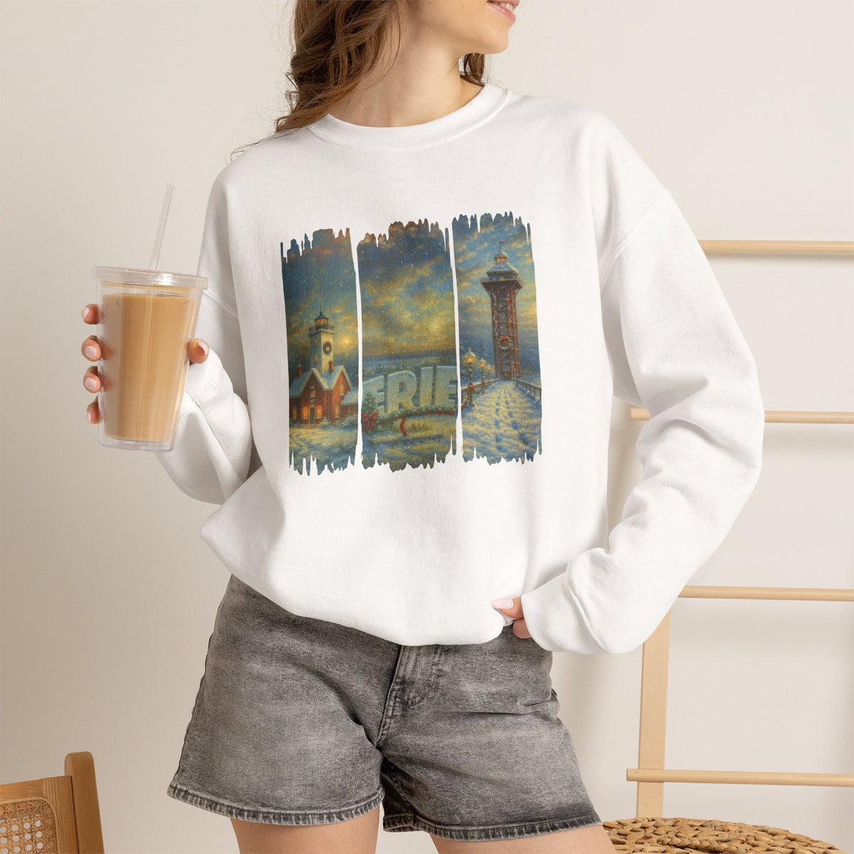 Erie PA Christmas Sweatshirt – Presque Isle Lighthouse & Bicentennial Tower Holiday Crewneck