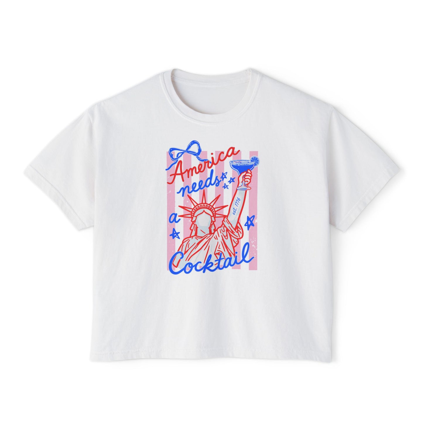 Patriotic Cocktail Boxy Tee, Fourth of July Cropped Shirt, America Summer Graphic Tee, Trendy USA Shirt, Retro Cocktail Shirt, Boxy Tee